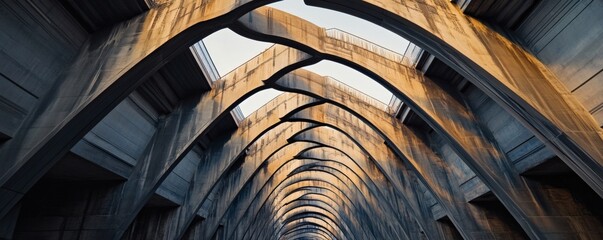 An architectural design featuring a series of arched concrete structures