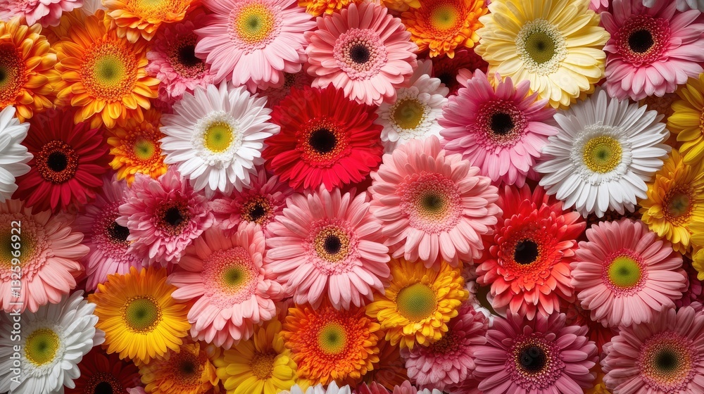 Poster a vibrant floral background featuring a mix of colorful gerbera daisies and chrysanthemums, creating