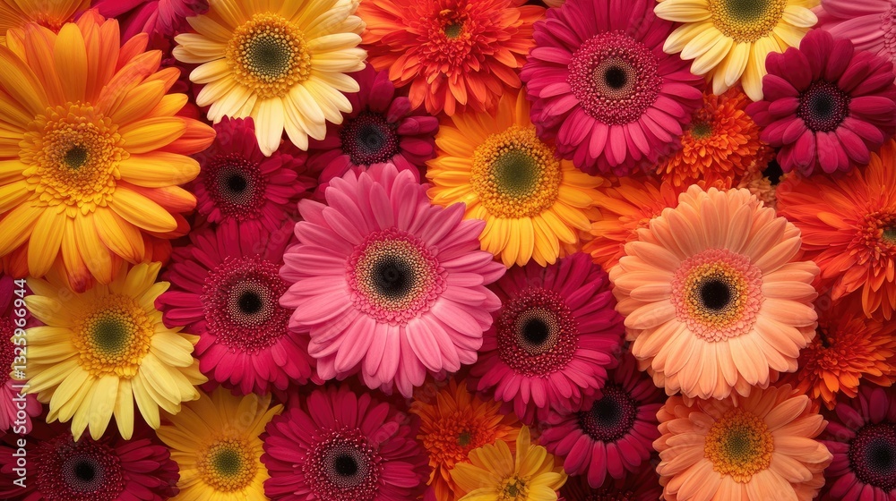 Poster a vibrant floral background featuring a mix of colorful gerbera daisies and chrysanthemums, creating