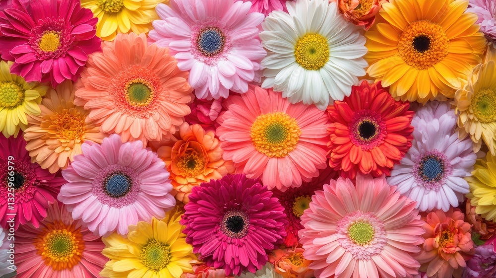Poster a vibrant floral background featuring a mix of colorful gerbera daisies and chrysanthemums, creating