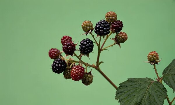 fresh and succulent blackberry swaying lightly on vine with lush green leaves framing scene for perfect chroma key composition