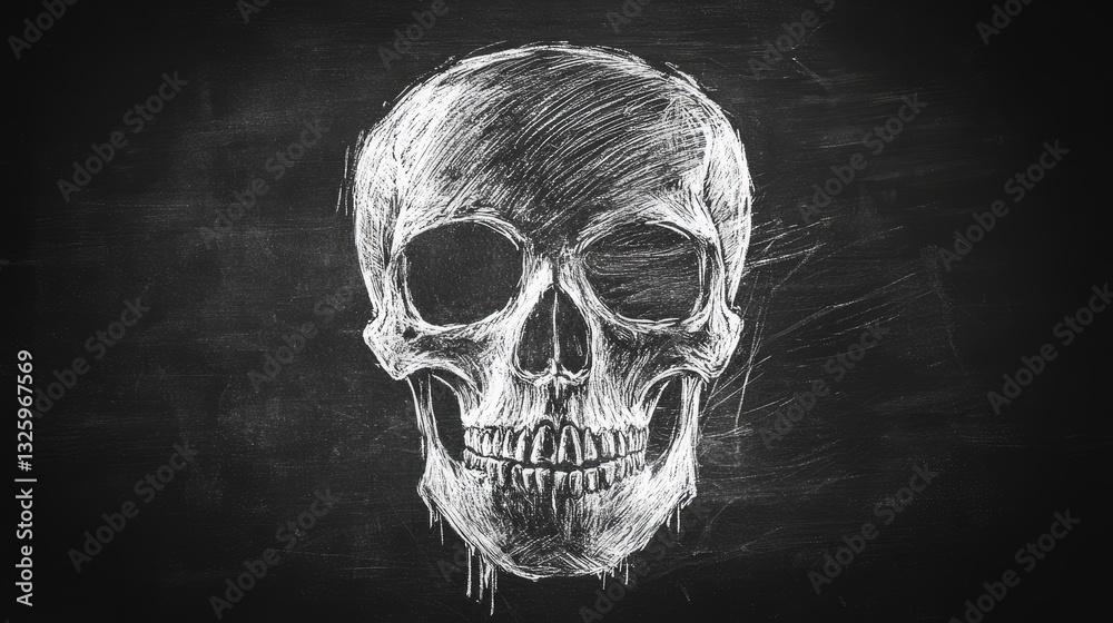 Poster a white chalk skull icon hand-drawn on a blackboard with visible texture, giving the image a grunge 