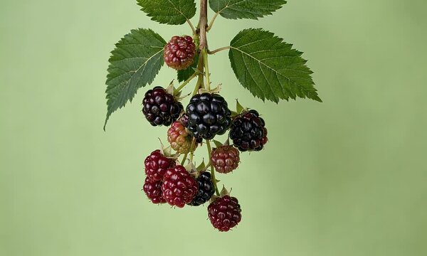 single blackberry captured in exquisite detail with every tiny drupelet glistening against bright and evenly lit green background