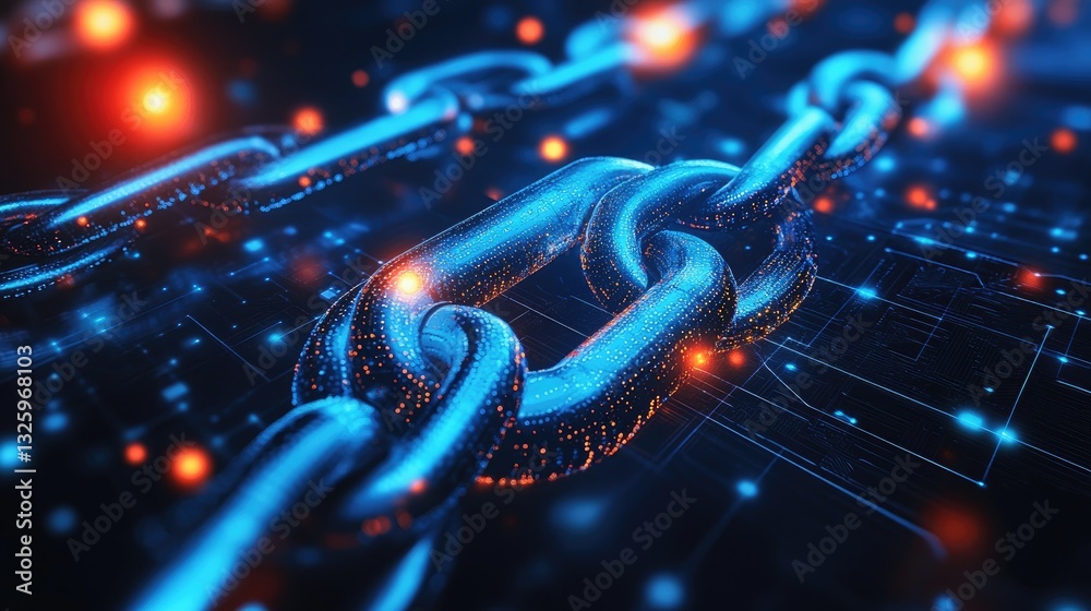 Leinwandbilder An abstract digital chain link surrounded by glowing nodes, representing blockchain technology and secure, encrypted data transfers in a modern tech environment