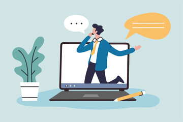 Online video interview, meeting discussion or teaching e-learning, job interview or employment, talk or chat with colleague, conference call, businessman talking on computer laptop online interview.