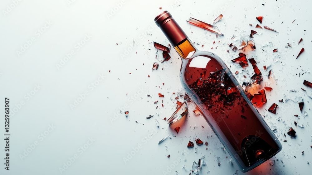 Poster Broken glass shards scattered around a broken wine bottle, isolated on a clean white background, creating a sharp and dramatic visual