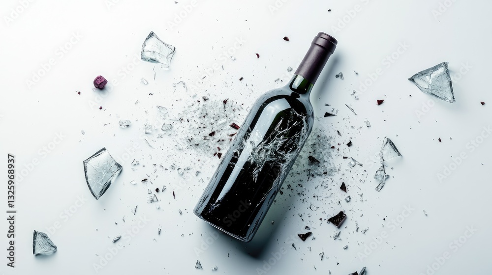 Poster Broken glass shards scattered around a broken wine bottle, isolated on a clean white background, creating a sharp and dramatic visual