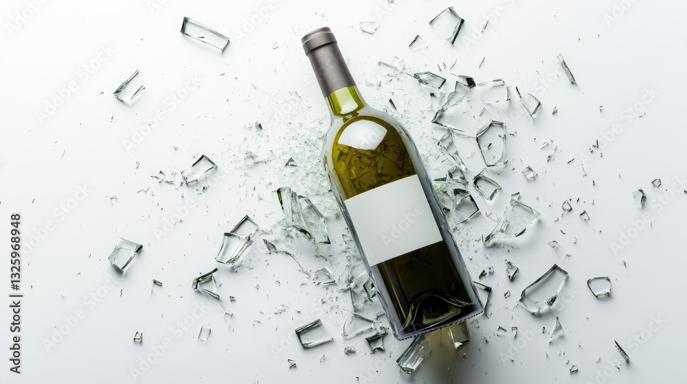 Poster Broken glass shards scattered around a broken wine bottle, isolated on a clean white background, creating a sharp and dramatic visual