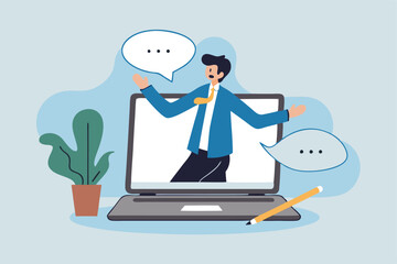 Online video interview, meeting discussion or teaching e-learning, job interview or employment, talk or chat with colleague, conference call, businessman talking on computer laptop online interview.