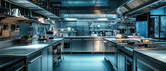 Modern stainless steel kitchen with sleek design elements and ambient lighting ready for culinary creativity