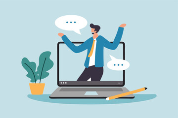 Online video interview, meeting discussion or teaching e-learning, job interview or employment, talk or chat with colleague, conference call, businessman talking on computer laptop online interview.