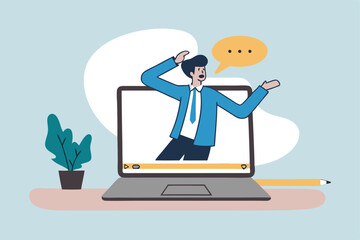 Online video interview, meeting discussion or teaching e-learning, job interview or employment, talk or chat with colleague, conference call, businessman talking on computer laptop online interview.