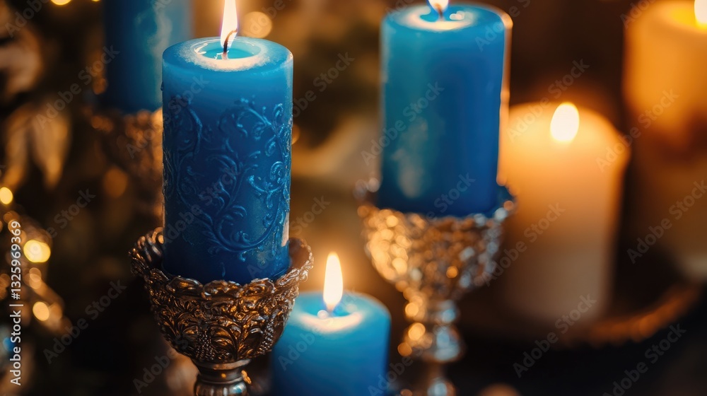 Poster close-up of blue candles in ornate candle holders, surrounded by intricate detailing, creating a cal
