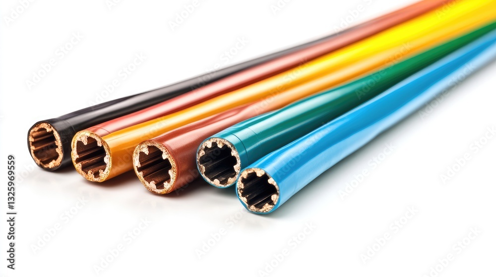 Poster cut lengths of insulated cables in a range of colors, with visible copper wire, isolated on white, p
