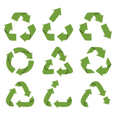 Set of vector recycling, upcycling and downcycling signs, isolated icons on white background. Green reuse symbols for ecological design, marking, product labeling. Zero waste lifestyle