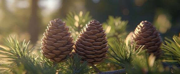 Vibrant green pine branches with pine cones provide a rich, natural setting, perfect for designs centered around nature or the seasons