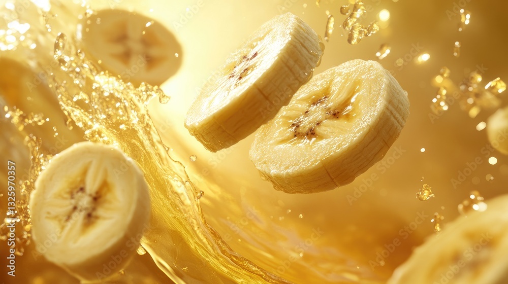 Aufkleber Fresh banana slices splashing into golden liquid, creating a dynamic and luxurious visual with vibrant motion and rich colors