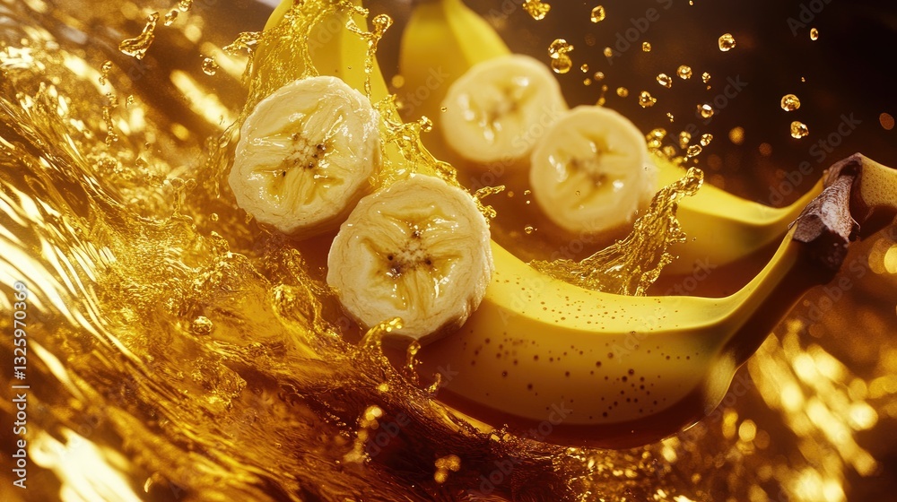 Aufkleber Fresh banana slices splashing into golden liquid, creating a dynamic and luxurious visual with vibrant motion and rich colors