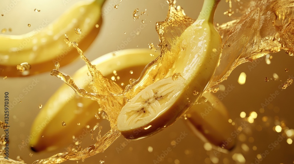 Aufkleber Fresh banana slices splashing into golden liquid, creating a dynamic and luxurious visual with vibrant motion and rich colors