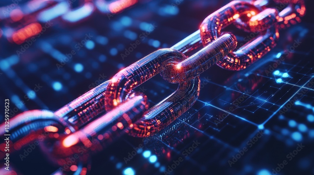 Fototapete Glowing digital chain links on a network grid, symbolizing blockchain technology, with futuristic elements and high-tech data security features