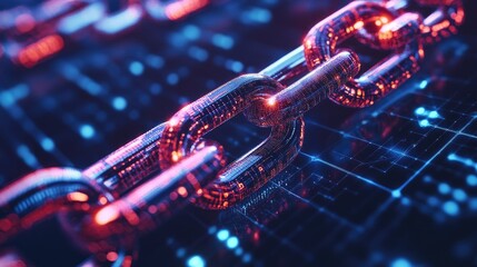Glowing digital chain links on a network grid, symbolizing blockchain technology, with futuristic elements and high-tech data security features