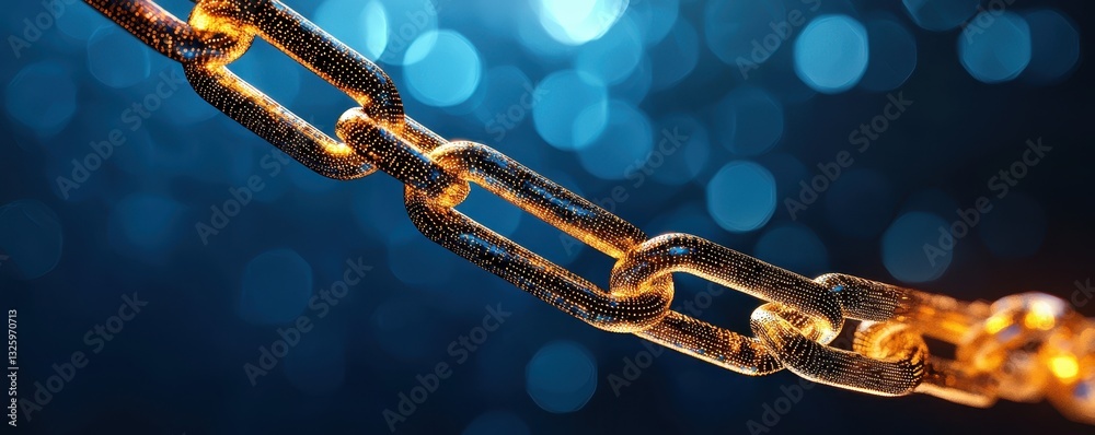 Poster a close-up of a metallic chain link illuminated against a blurred blue background, showcasing intric