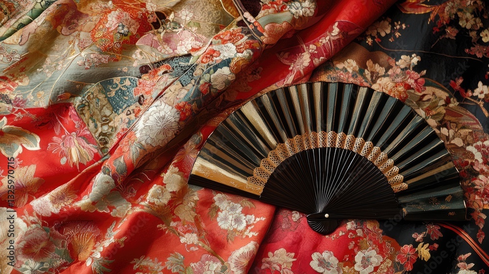 Poster richly colored silk textiles laid out in a graceful pattern, topped with a finely detailed fan, evok