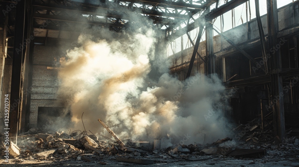 Poster smoke billowing into the air inside a destroyed industrial building after demolition, creating a dra