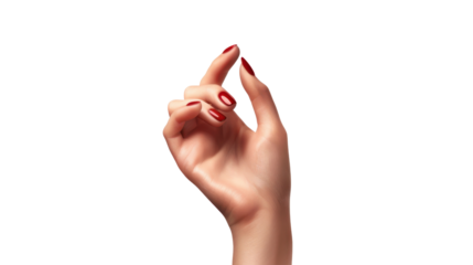 Woman hand with red nail polish making small pinch gesture on transparent background