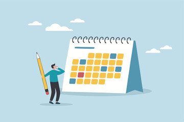Calendar schedule, event or meeting reminder, date time planning, work deadline or appointment, due date organizer weekly review concept, businessman hold pencil thinking with calendar schedule plan.