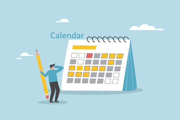 Calendar schedule, event or meeting reminder, date time planning, work deadline or appointment, due date organizer weekly review concept, businessman hold pencil thinking with calendar schedule plan.