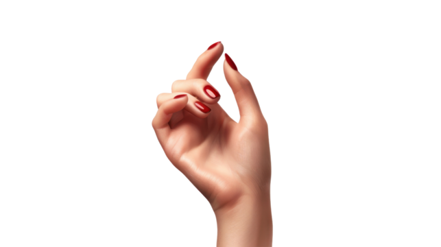 Woman hand with red nail polish making small pinch gesture on transparent background