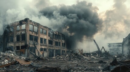 Fototapeta premium Smoke enveloping a ruined industrial building, with remnants of walls and equipment in the foreground, symbolizing the aftermath of demolition