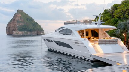 Fototapeta premium Luxury Yacht Docked by Serene Island at Sunset with Calm Water Reflection and Scenic Background