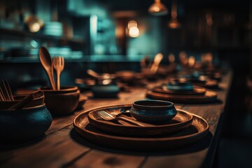 A warmly lit dining table set with rustic wooden plates, cutlery, and bowls, prepared for a cozy and intimate dinner gathering, ready for guests to be seated.