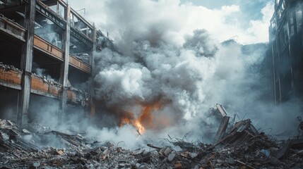 Thick smoke filling a shattered industrial building after demolition, with broken walls and scattered rubble, depicting the power of destruction