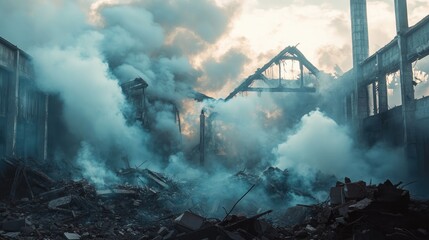 Fototapeta premium Thick smoke filling a shattered industrial building after demolition, with broken walls and scattered rubble, depicting the power of destruction