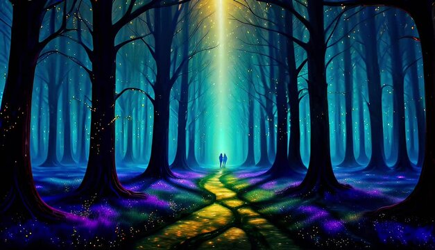 enchanted forest nighttime scene with mystical colors,seamless loopable morphing animation