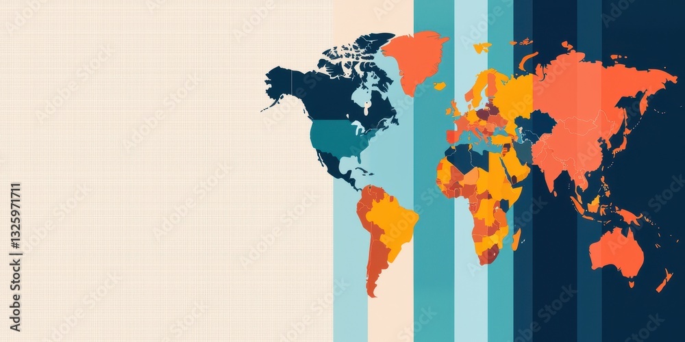 Poster a colorful, abstract world map with distinct regions highlighted, set against a textured background,
