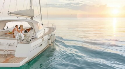 Fototapeta premium Romantic Couple Enjoying Sunset on Luxury Yacht at Peaceful Sea with Calm Waters in Background