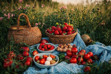 A delightful summer picnic scene featuring fresh strawberries, tomatoes and nuts, artfully arranged on a blue checkered blanket in a grassy meadow.