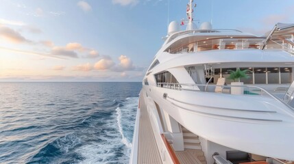 Fototapeta premium Elegant Luxury Yacht Sailing on Calm Waters with Scenic Horizon and Soft Sunset Light
