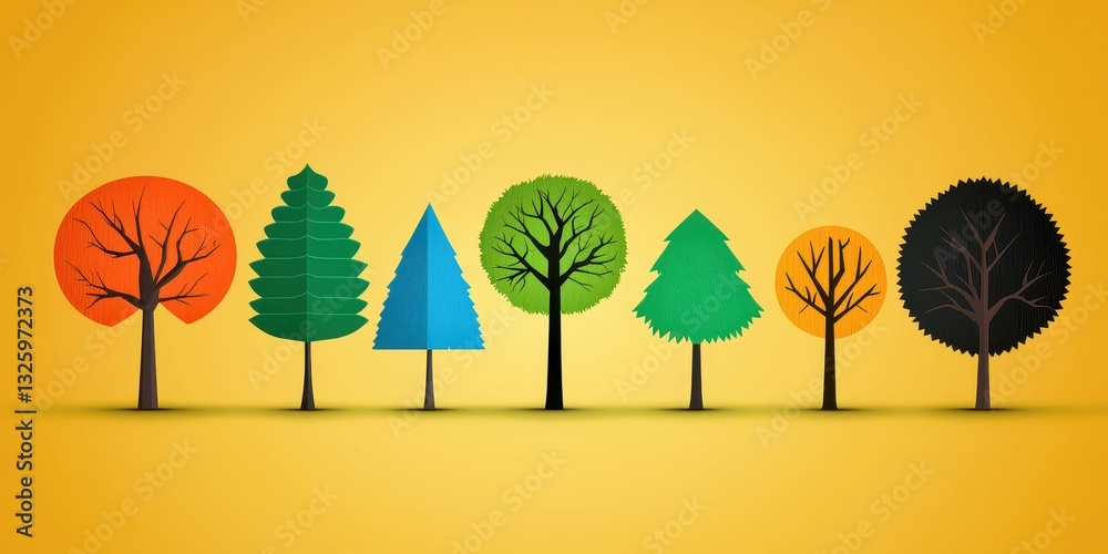 Poster a colorful illustration of various trees on a bright yellow background, showcasing different shapes 