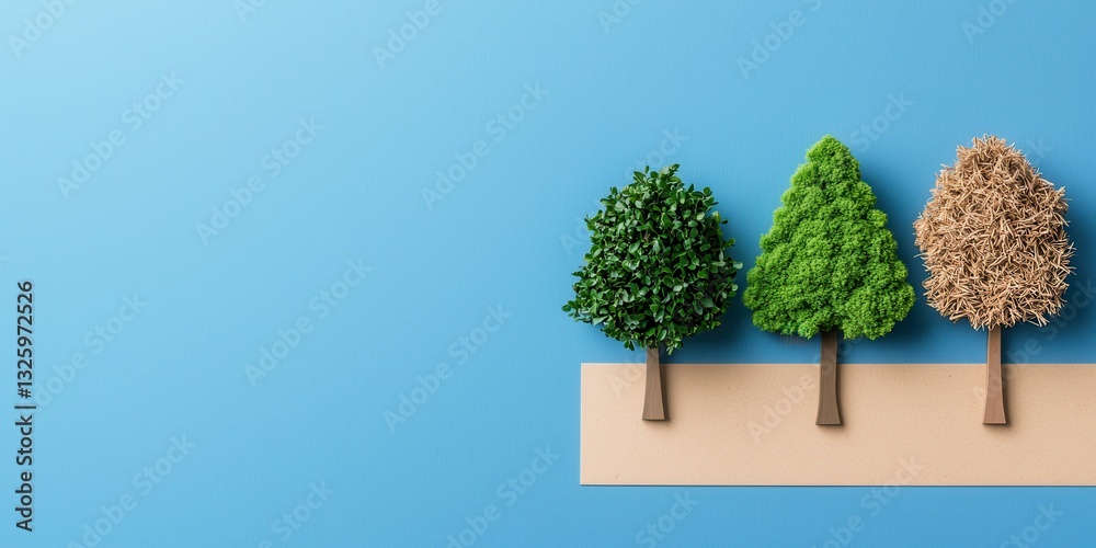 Poster a minimalist representation of three trees on a blue background, showcasing different foliage styles
