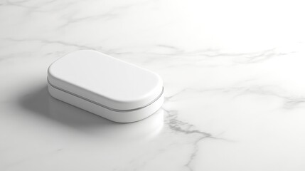 Lightweight travel pill box mockup on a smooth white marble surface