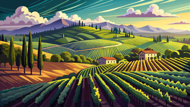 Expansive view of a vineyard with neatly arranged rows of grapevines over rolling hills under a cloudy sky.