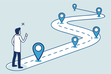 Success roadmap journey, milestone or career path achievement, route or pathway to achieve goals, accomplishment, assessment or way to success, businessman look at achievement milestone to success.