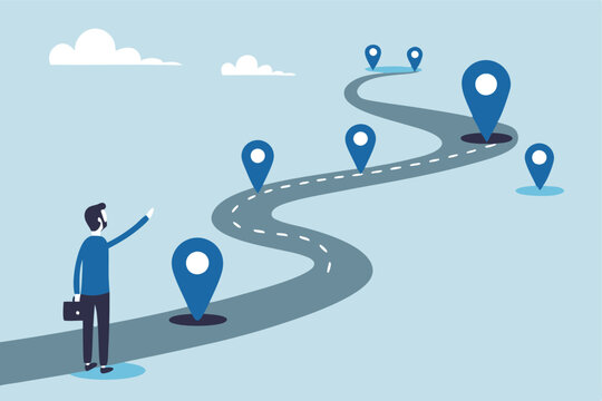 Success roadmap journey, milestone or career path achievement, route or pathway to achieve goals, accomplishment, assessment or way to success, businessman look at achievement milestone to success.