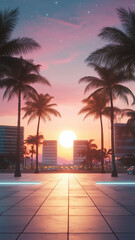 Obraz premium A futuristic synthwave-inspired cityscape with a glowing sunset, palm trees, and neon lights. 