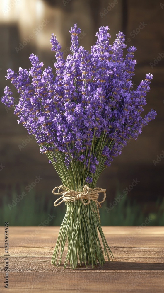 Poster close-up view of a vibrant bouquet of fresh lavender resting on a rustic wooden table in soft natura